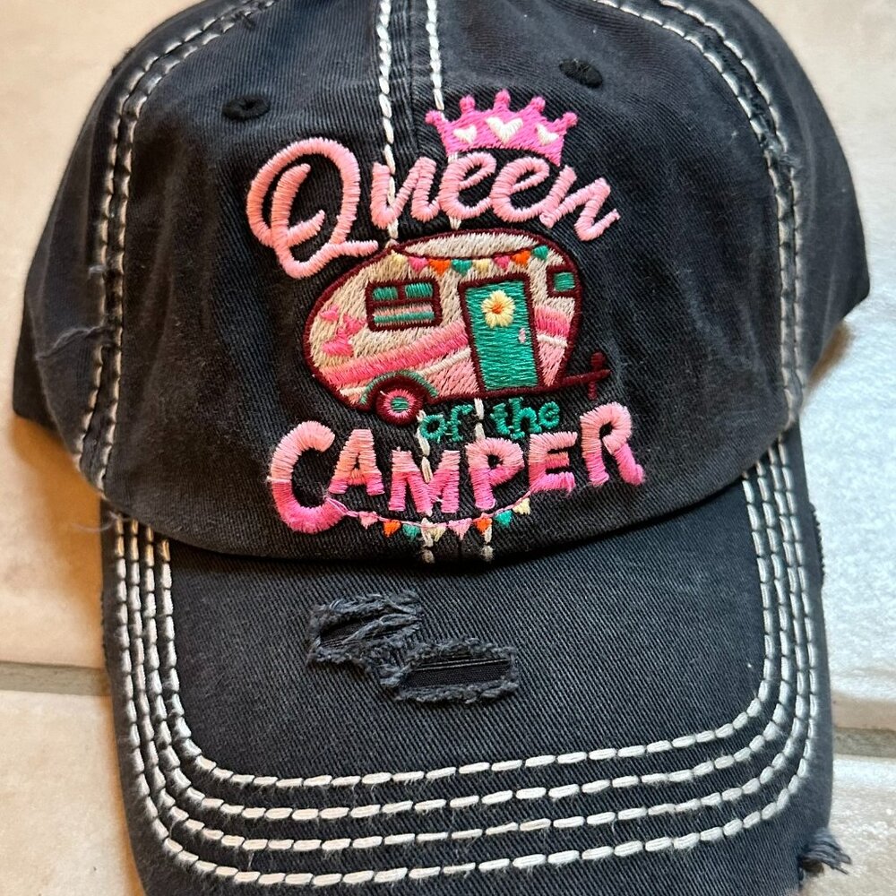 NWT Kbethos Womens Distressed Black Queen of the Camper Baseball